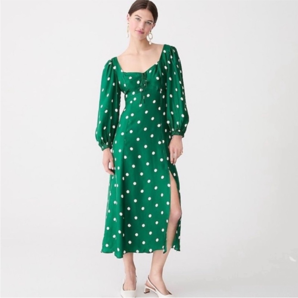 JCrew NWT Sweetheart Long-sleeve Midi Dress in Green polka dot, size 18 - Picture 2 of 7